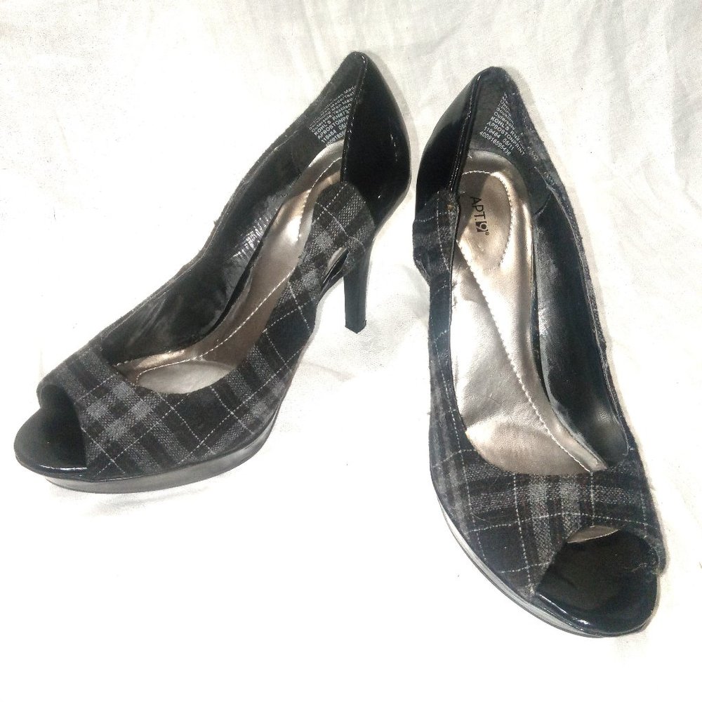 Apt 9 Black Grey Plaid PeepToe 4" High Heel Dress Work Shoe Size 6.5